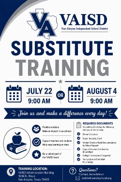 2026 Substitute Teacher Training at VAISD Administration Building on July 22 & August 4